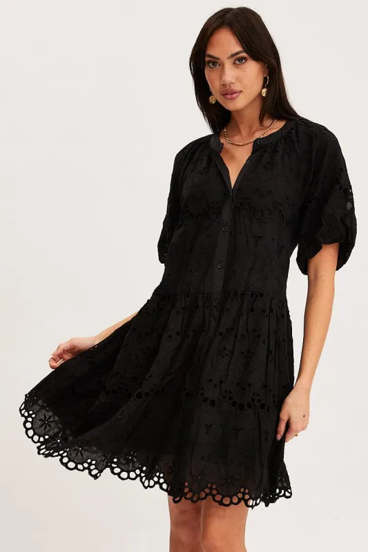Black Fit And Flare Dress Short Sleeve V Neck sold by Ally Fashion