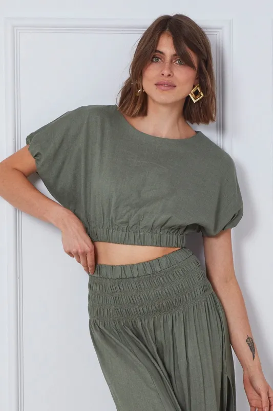 Green Crop Top Short Sleeve Round Neck Linen made by Ally Fashion