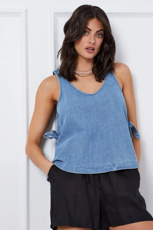 Blue Singlet Top Sleeveless V-Neck sold by Ally Fashion