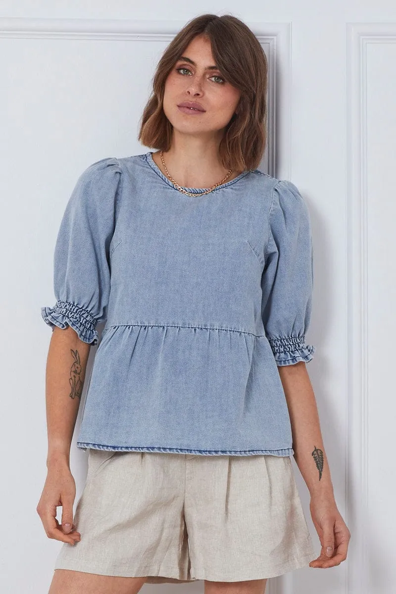 Blue Top Short Sleeve Relaxed Linen sold by Ally Fashion
