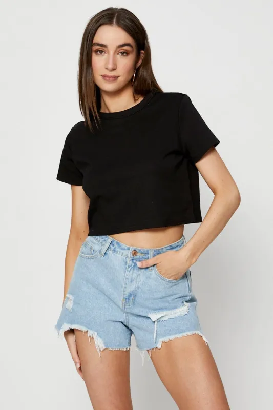 Black T Shirt Short Sleeve Crop Crew Neck Cotton sold by Ally Fashion