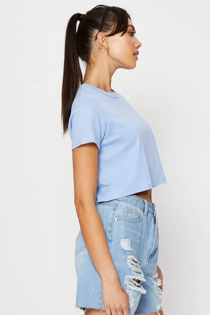 Blue T Shirt Short Sleeve Crop Crew Neck Cotton sold by Ally Fashion product image thumbnail 4