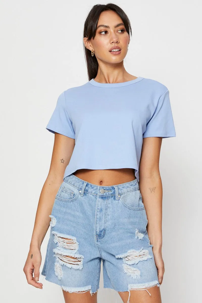 Blue T Shirt Short Sleeve Crop Crew Neck Cotton sold by Ally Fashion product image thumbnail 3