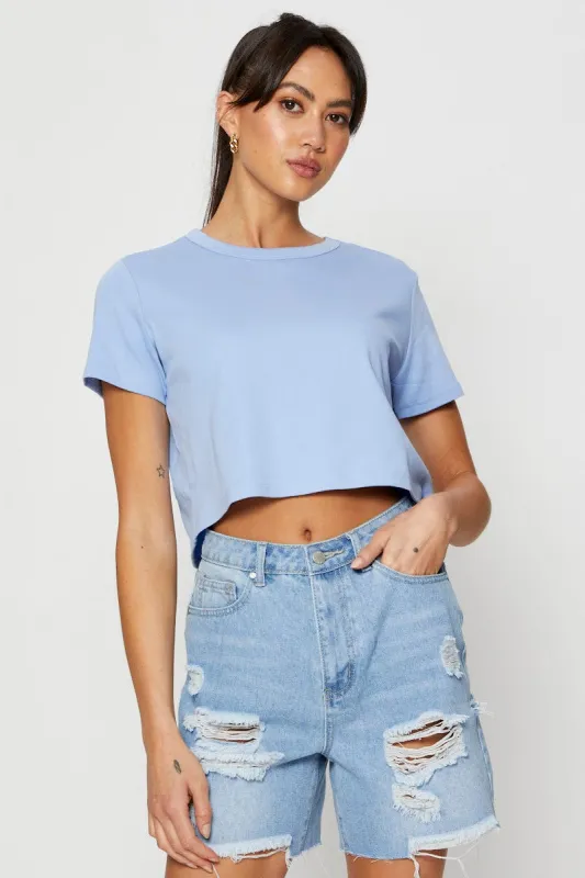 Blue T Shirt Short Sleeve Crop Crew Neck Cotton sold by Ally Fashion
