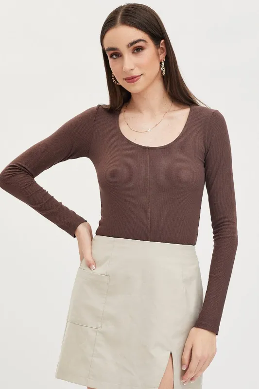 Brown Top Long Sleeve Round Neck sold by Ally Fashion