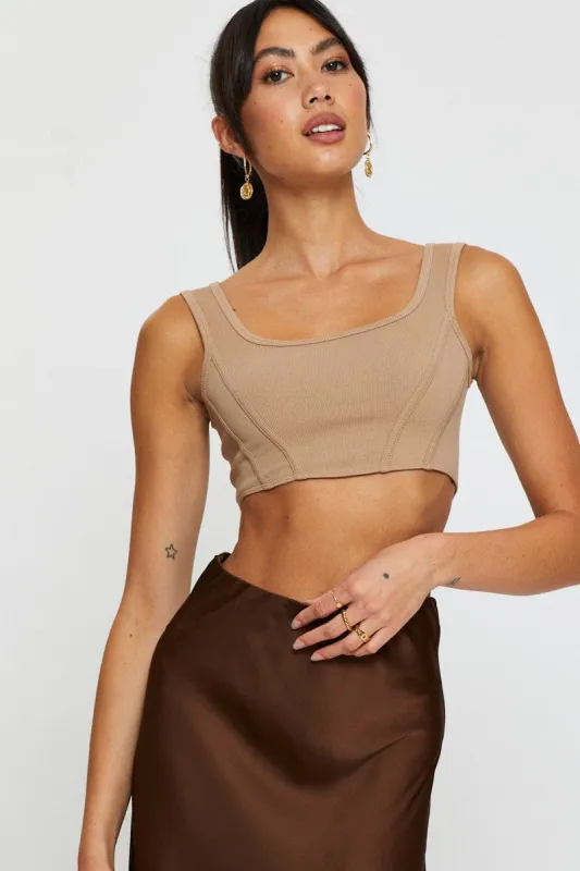 Brown Crop Tank Top Sleeveless Round Neck Seamless sold by Ally Fashion