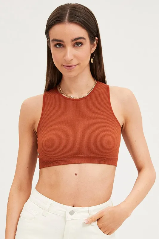 Brown Tank Top Sleeveless Crew Neck made by Ally Fashion