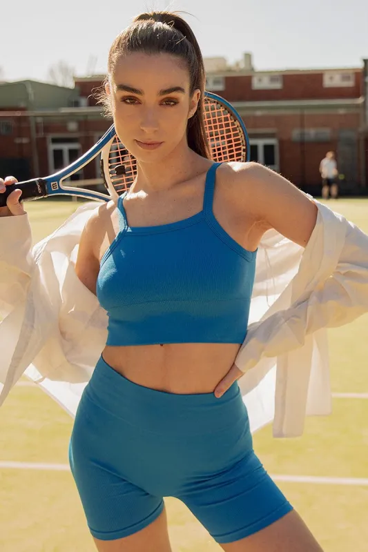 Blue High Neck Rib Bind Detail Seamless Tank sold by Ally Fashion