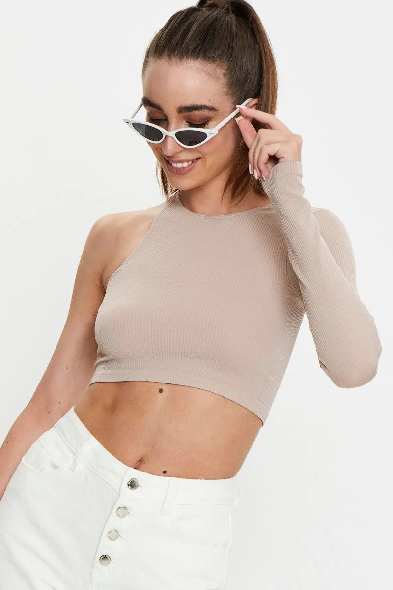 Beige Seamless One Shoulder Basic Top sold by Ally Fashion product image thumbnail 2