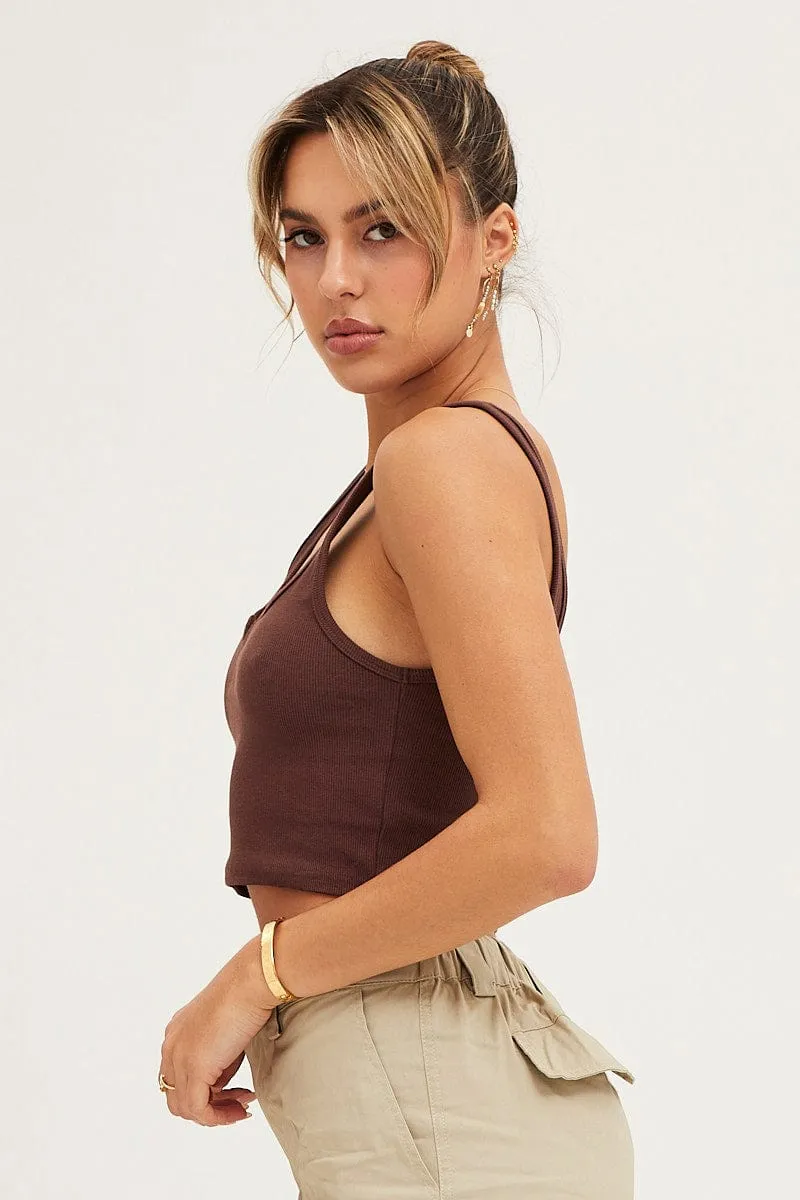 Brown Tank Rib Notch Cropped Rib sold by Ally Fashion product image thumbnail 4