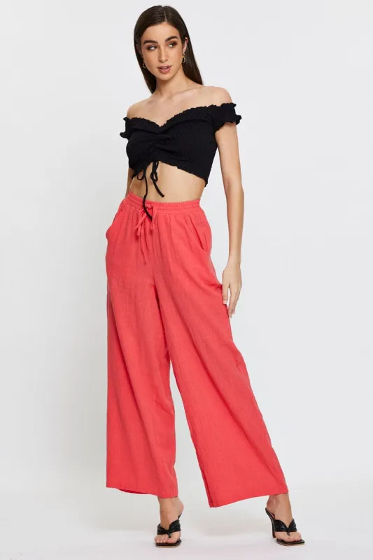 Pink Wide Leg Pants Elastic Waist sold by Ally Fashion