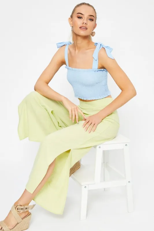Yellow Linen Blend Elastic Side Slit Wide Leg Pants sold by Ally Fashion