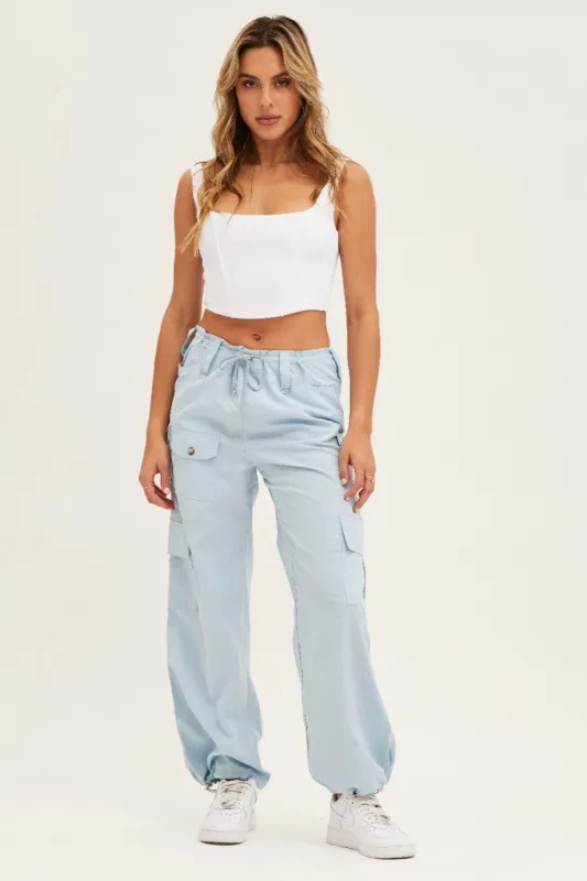 Blue Cargo Parachute Pants Strap Waist sold by Ally Fashion