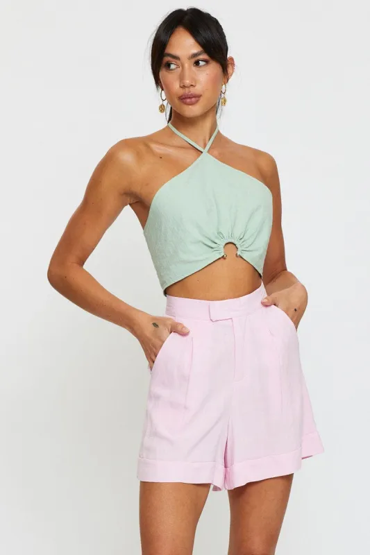 Pink Mini Shorts High Rise Linen Blend sold by Ally Fashion