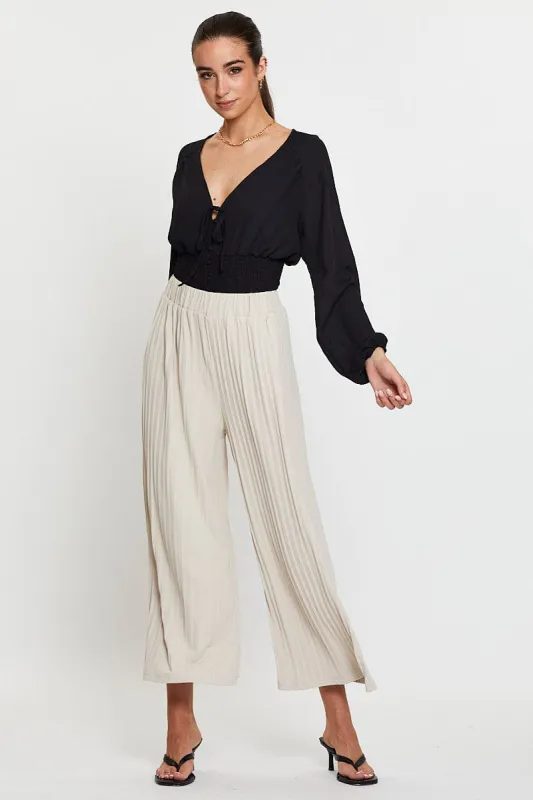 Beige Ribbed Pants High Rise Wide Leg sold by Ally Fashion