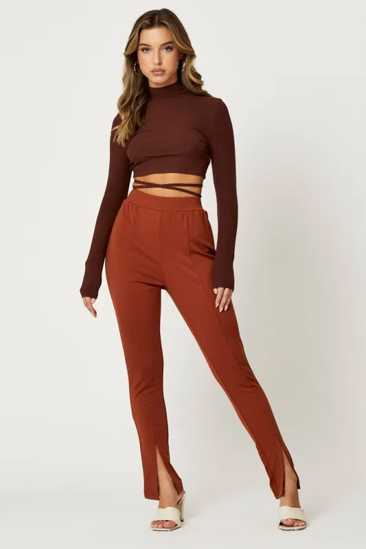 Brown High Rise Leggings Front Split sold by Ally Fashion