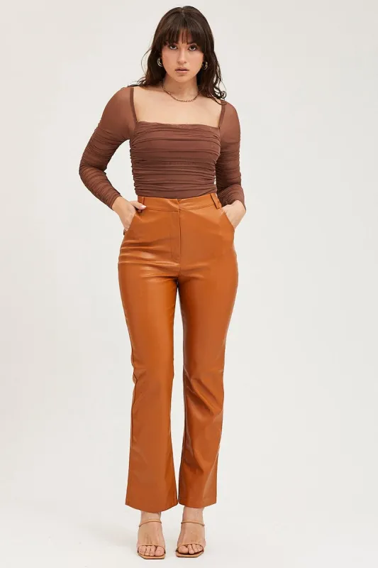 Beige Flare Pants High Rise Faux Leather sold by Ally Fashion