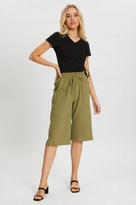 Green Elastic Waist Tie Front Culotte sold by Ally Fashion