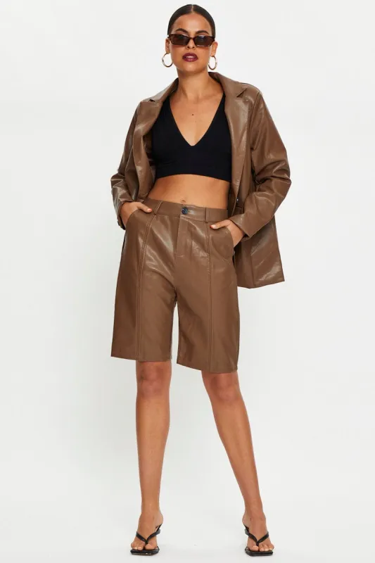 Brown Faux Leather Boyfriend Short sold by Ally Fashion