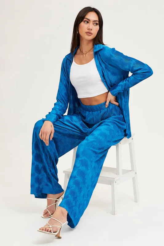 Blue Plisse Pants Wide Leg High Rise sold by Ally Fashion