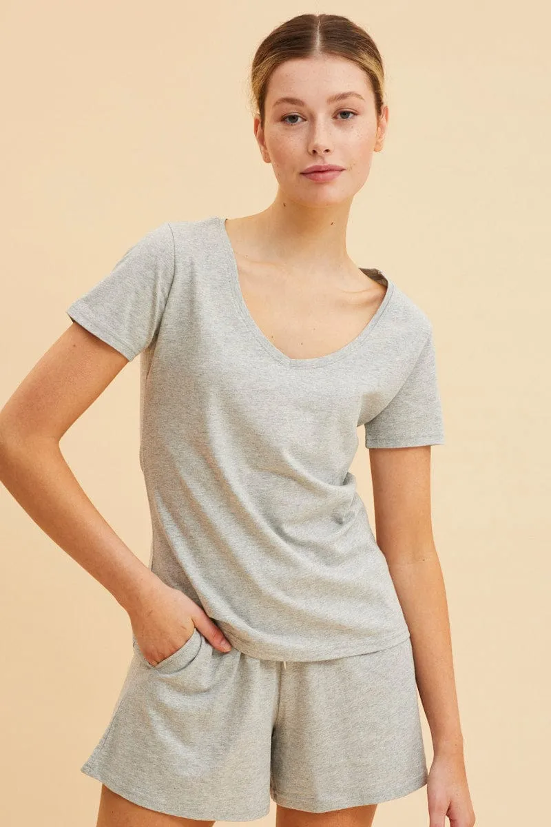 Grey V Neck T-Shirt Cotton Regular Fit Cotton sold by Ally Fashion