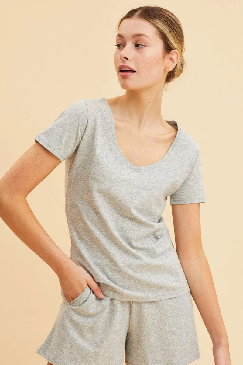 Grey V Neck T-Shirt Cotton Regular Fit Cotton sold by Ally Fashion product image thumbnail 3