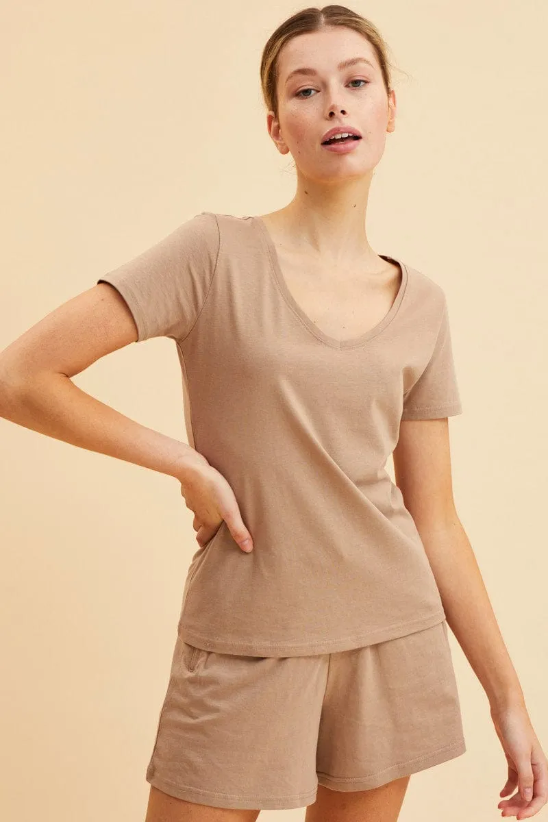 Beige V Neck T-Shirt Cotton Regular Fit Cotton sold by Ally Fashion