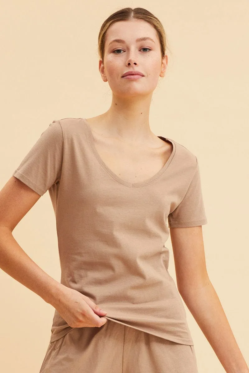 Beige V Neck T-Shirt Cotton Regular Fit Cotton sold by Ally Fashion product image thumbnail 3