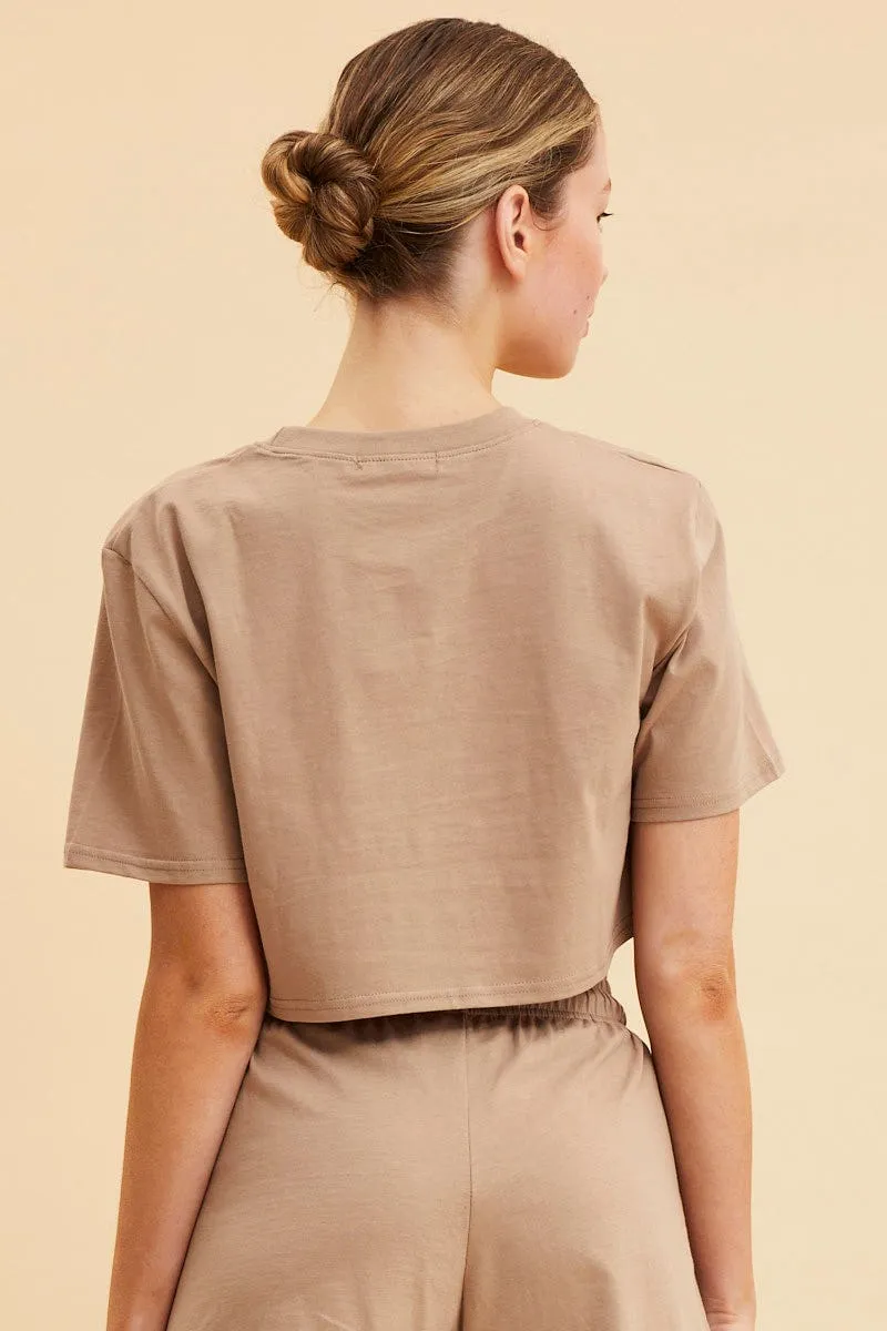 Beige Cropped T-Shirt Crew Neck Short Sleeve Cotton sold by Ally Fashion product image thumbnail 5