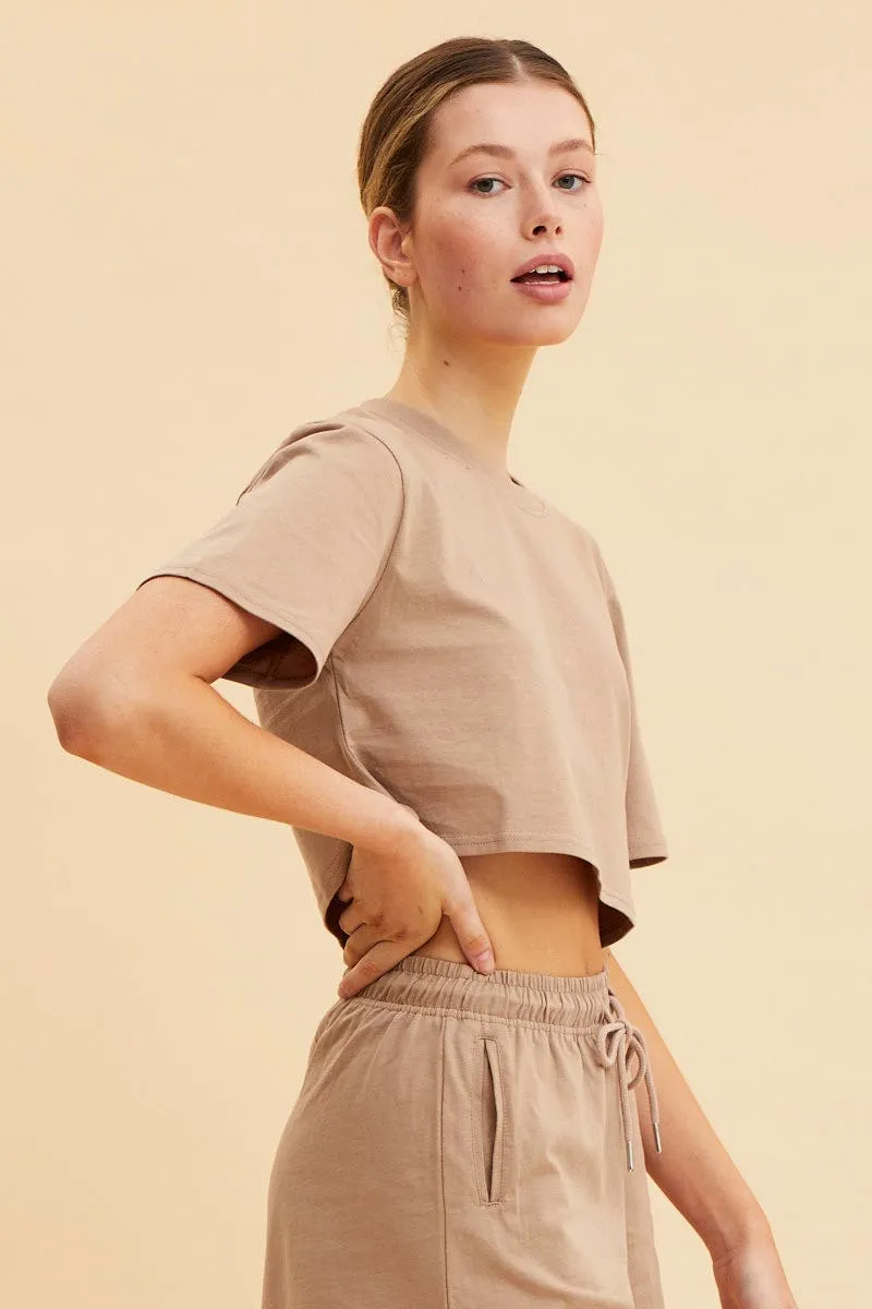 Beige Cropped T-Shirt Crew Neck Short Sleeve Cotton sold by Ally Fashion product image thumbnail 4