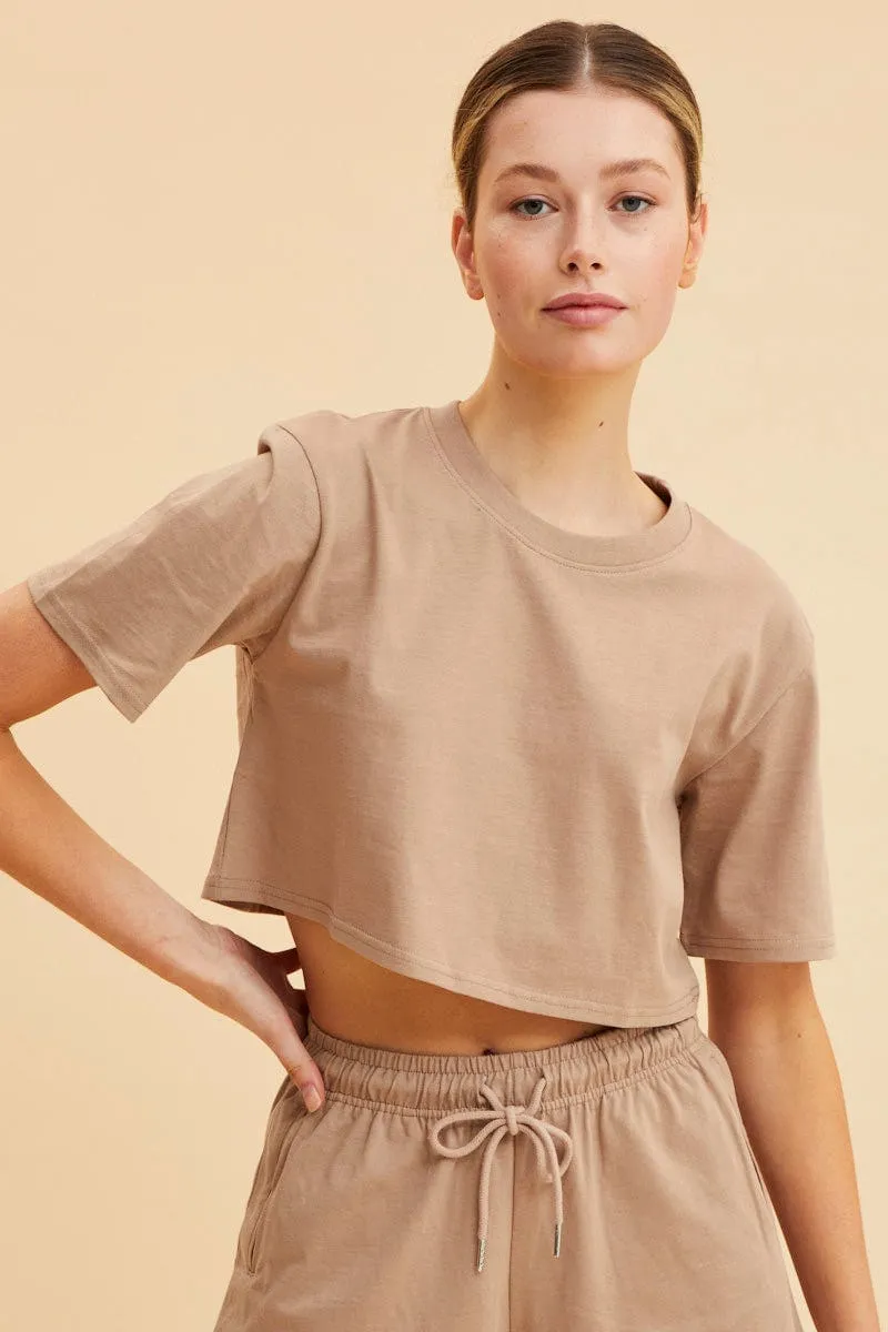 Beige Cropped T-Shirt Crew Neck Short Sleeve Cotton sold by Ally Fashion