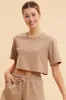Beige Cropped T-Shirt Crew Neck Short Sleeve Cotton sold by Ally Fashion