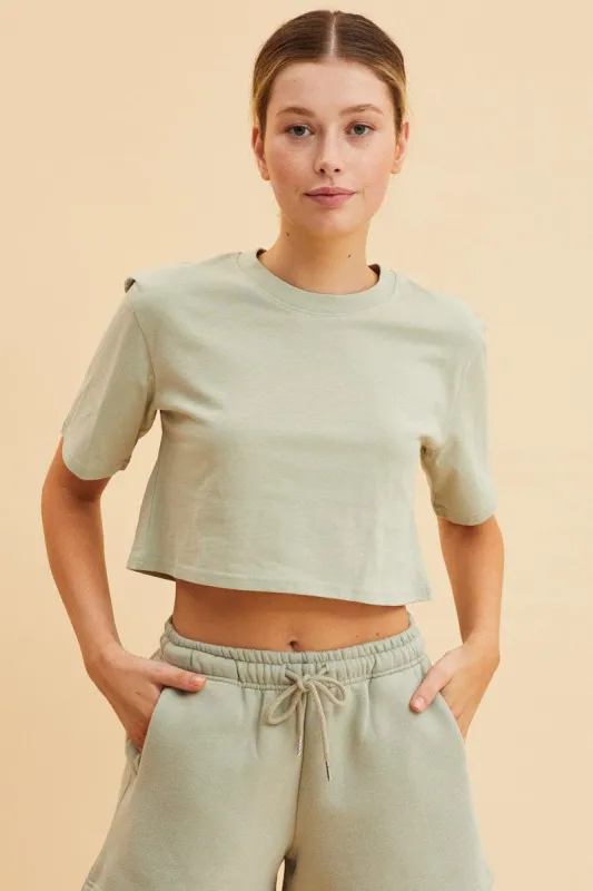 Green Cropped T-Shirt Crew Neck Short Sleeve Cotton sold by Ally Fashion