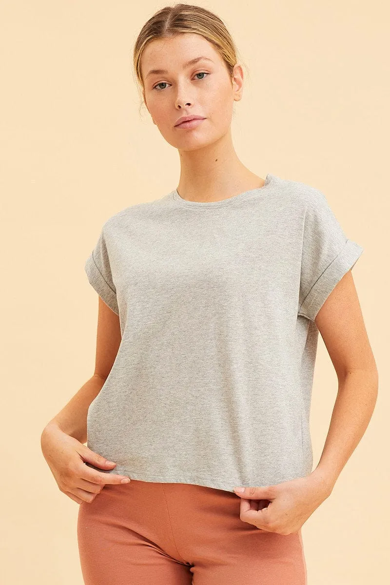 Grey Cropped T-Shirt Crew Neck Roll Sleeve Cotton sold by Ally Fashion product image thumbnail 3