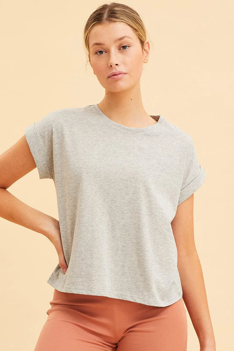 Grey Cropped T-Shirt Crew Neck Roll Sleeve Cotton sold by Ally Fashion