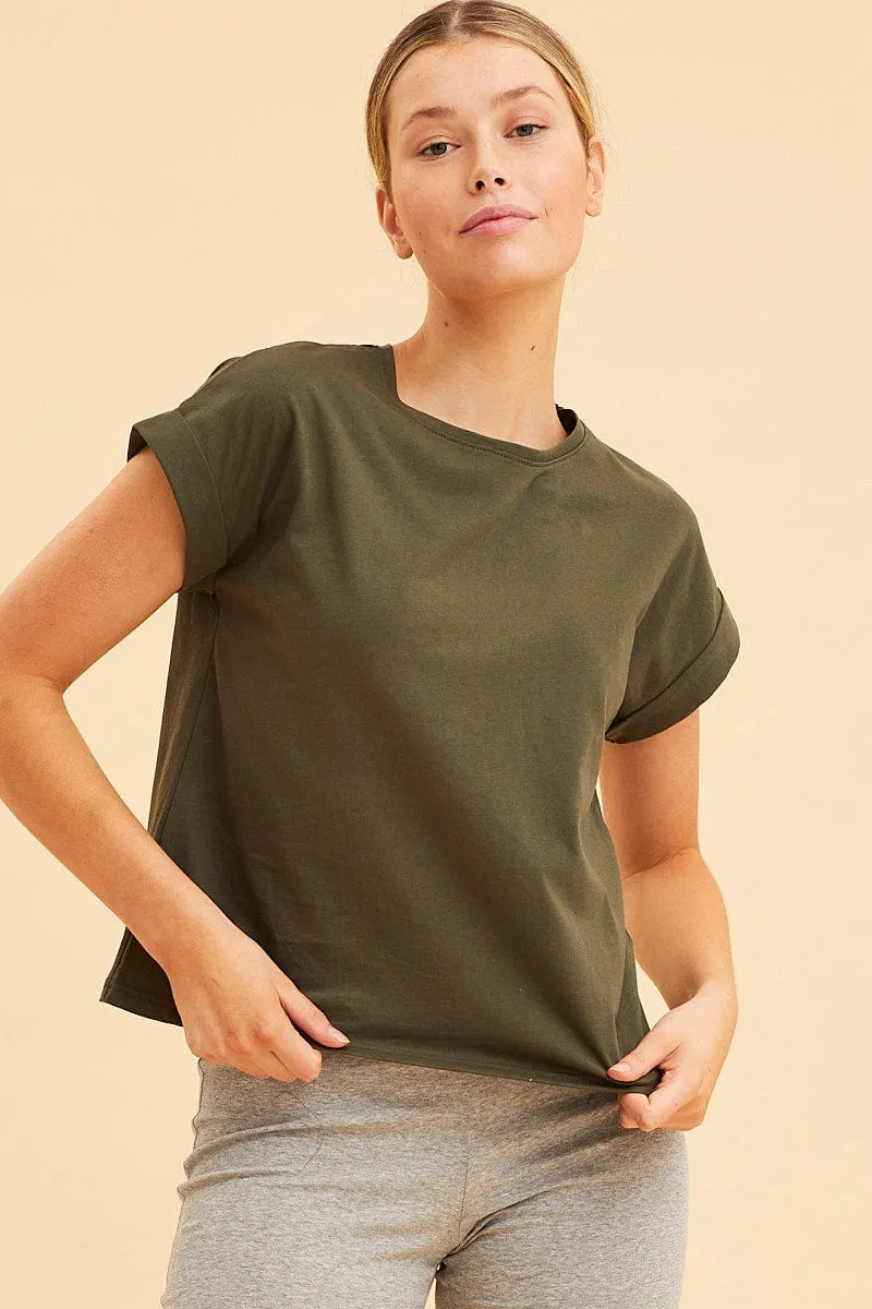 Green Cropped T-Shirt Crew Neck Roll Sleeve Cotton sold by Ally Fashion