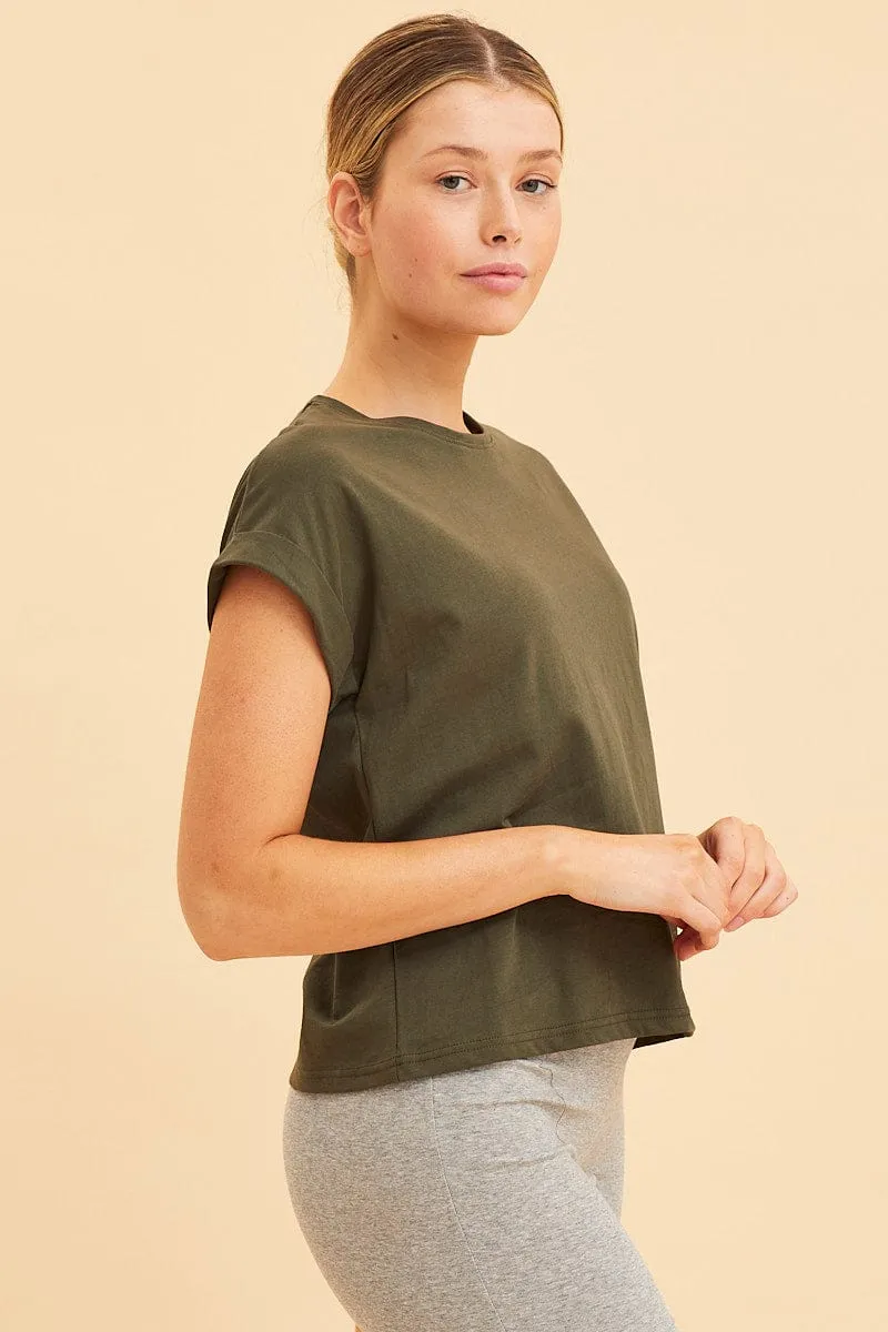Green Cropped T-Shirt Crew Neck Roll Sleeve Cotton sold by Ally Fashion product image thumbnail 4
