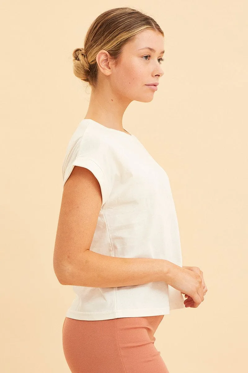 White Cropped T-Shirt Crew Neck Roll Sleeve Cotton sold by Ally Fashion product image thumbnail 4