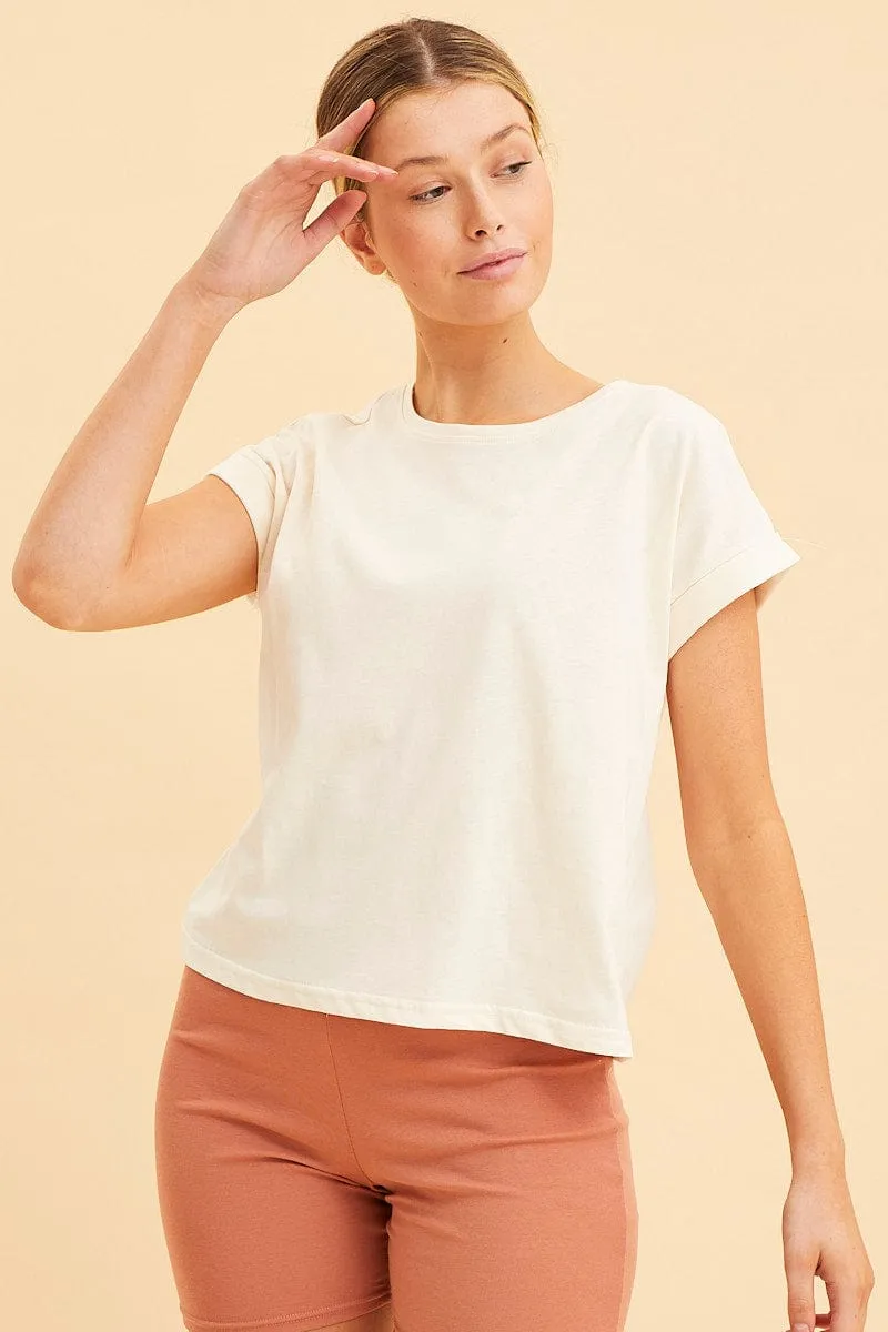 White Cropped T-Shirt Crew Neck Roll Sleeve Cotton sold by Ally Fashion product image thumbnail 3