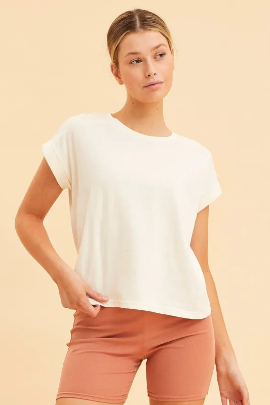 White Cropped T-Shirt Crew Neck Roll Sleeve Cotton sold by Ally Fashion
