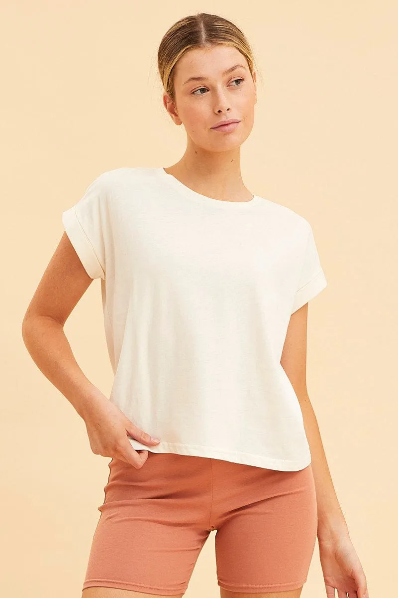 White Cropped T-Shirt Crew Neck Roll Sleeve Cotton sold by Ally Fashion