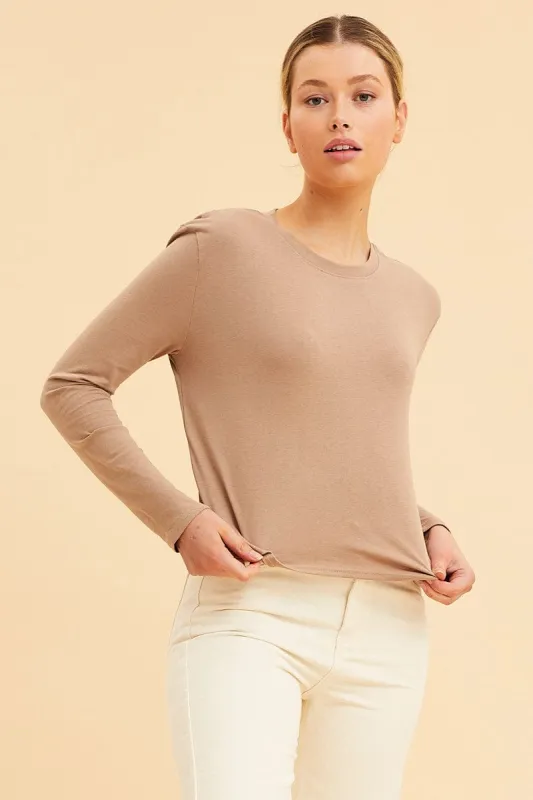 Beige Cropped T-Shirt Long Sleeve Crew Neck Cotton sold by Ally Fashion