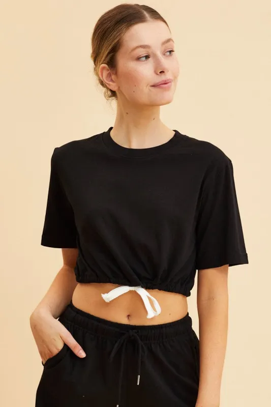 Black Cropped T-Shirt Short Sleeve Drawstring Hem sold by Ally Fashion