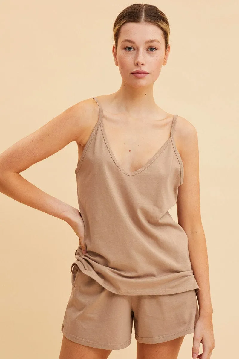 Beige V Neck Singlet Cotton Relaxed Fit sold by Ally Fashion