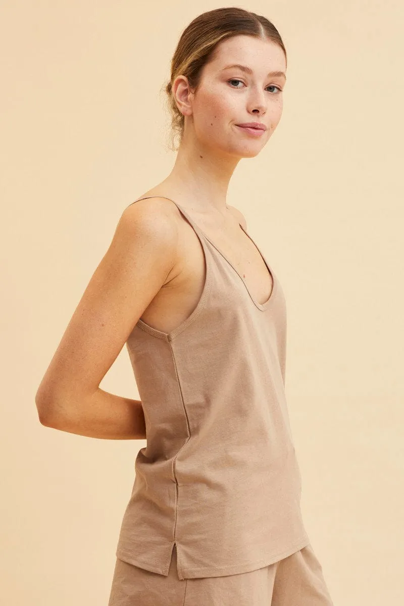 Beige V Neck Singlet Cotton Relaxed Fit sold by Ally Fashion product image thumbnail 4