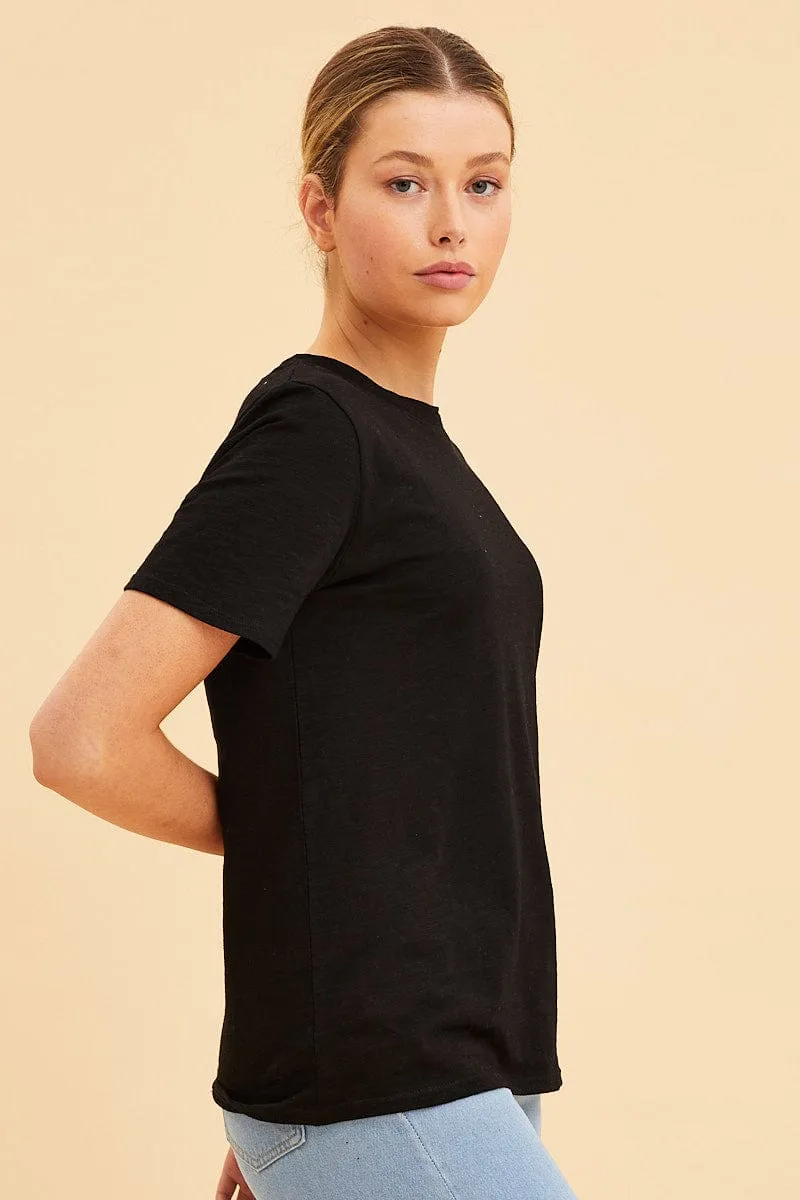 Black Cotton T-Shirt Slub Crew Neck Regular Fit sold by Ally Fashion product image thumbnail 4
