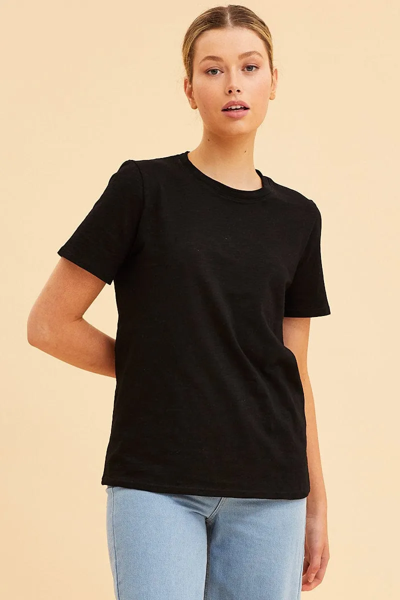 Black Cotton T-Shirt Slub Crew Neck Regular Fit sold by Ally Fashion product image thumbnail 3