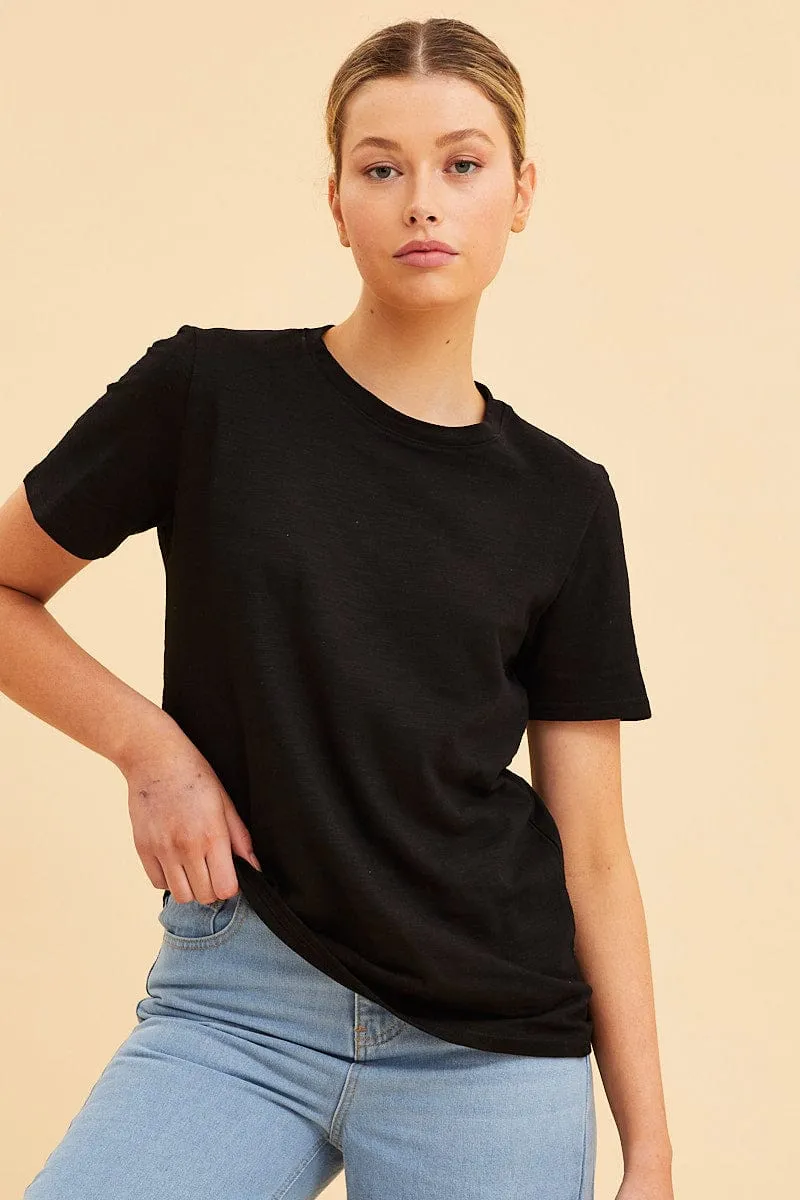 Black Cotton T-Shirt Slub Crew Neck Regular Fit sold by Ally Fashion