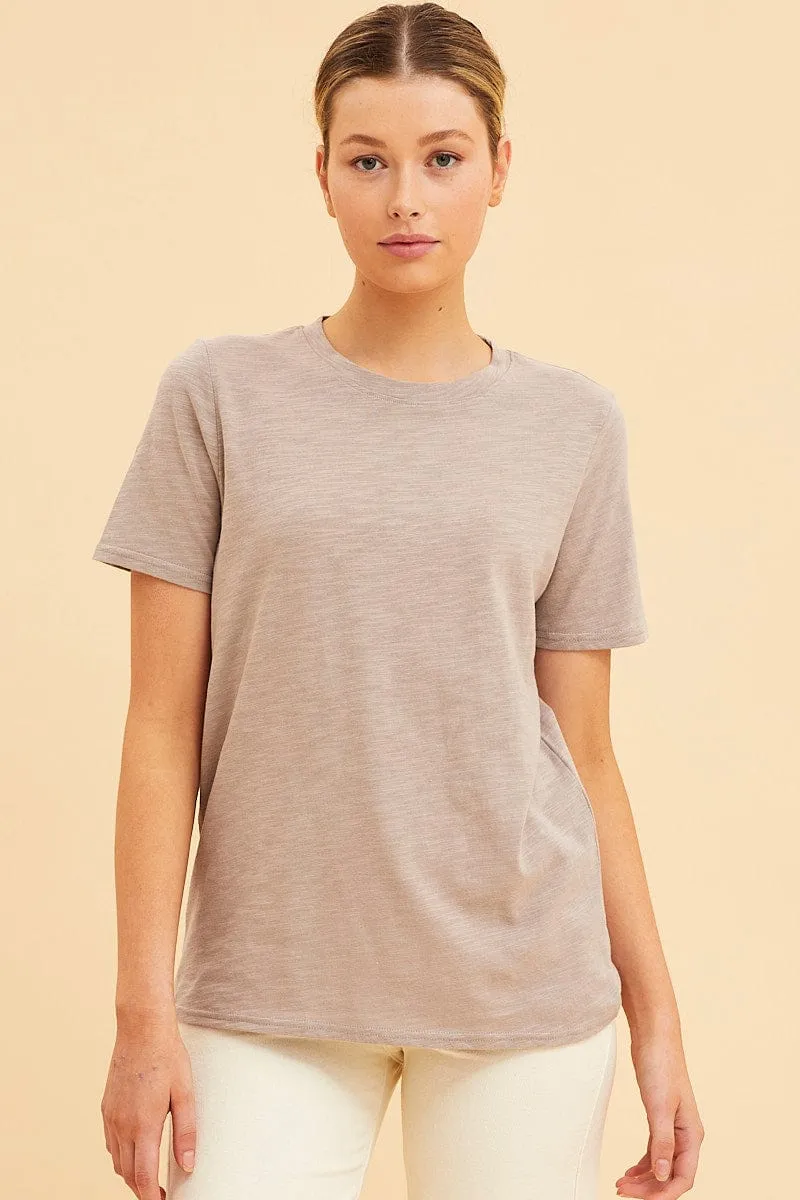 Brown Cotton T-Shirt Slub Crew Neck Regular Fit sold by Ally Fashion