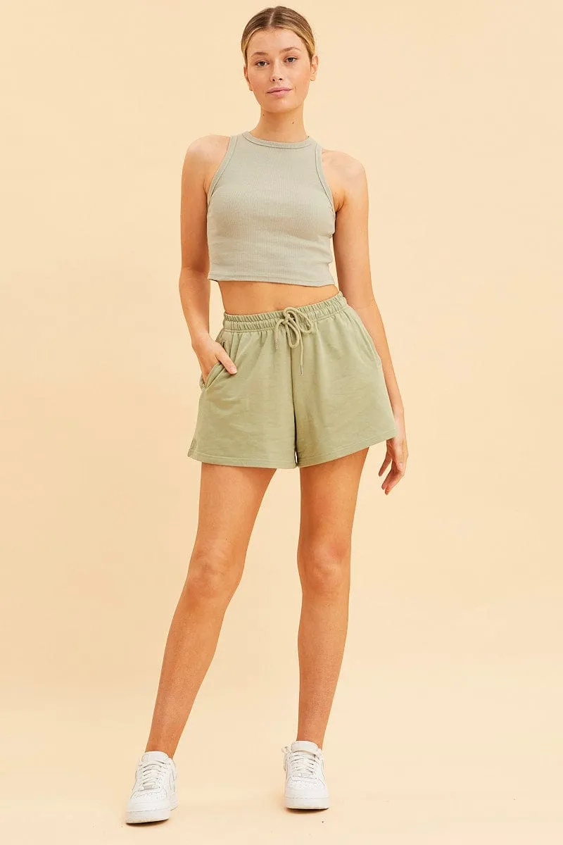 Green Cropped Tank Cotton Blend Rib High Neck Racer Back sold by Ally Fashion product image thumbnail 2